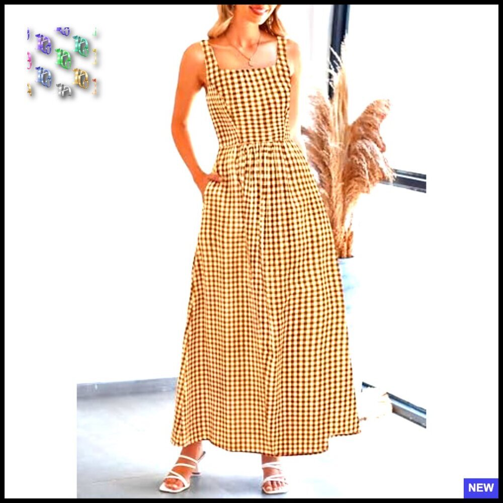 Plaid Square Neck Maxi Dress Spaghetti Strap A-Line Smocked Back Beach Vacation - Picture 4 of 7
